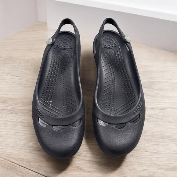 CROCS Shoes - Crocs Jayna Women 10 Black Slingback Ballet Flats Slip On Jewel Flower Mary Jane